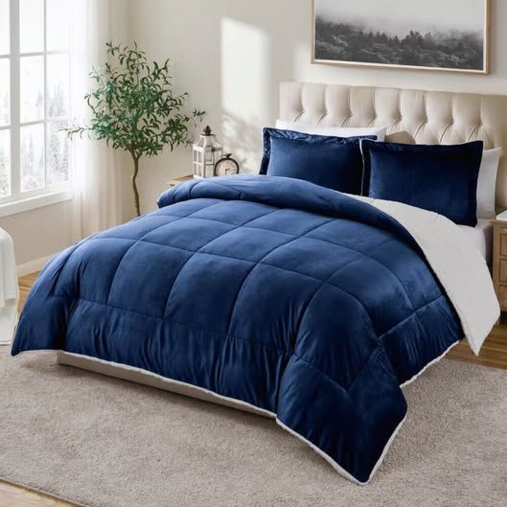 3 Pieces QUEEN Sherpa Reversible Comforter Set New Blue